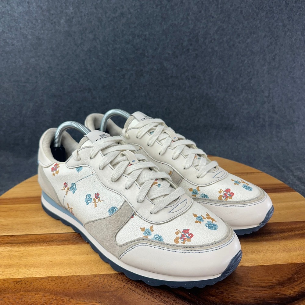Coach FG2123 Womens Sz 11B Floral Rose Leather Suede Low Top Sneakers Off White - Picture 2 of 12